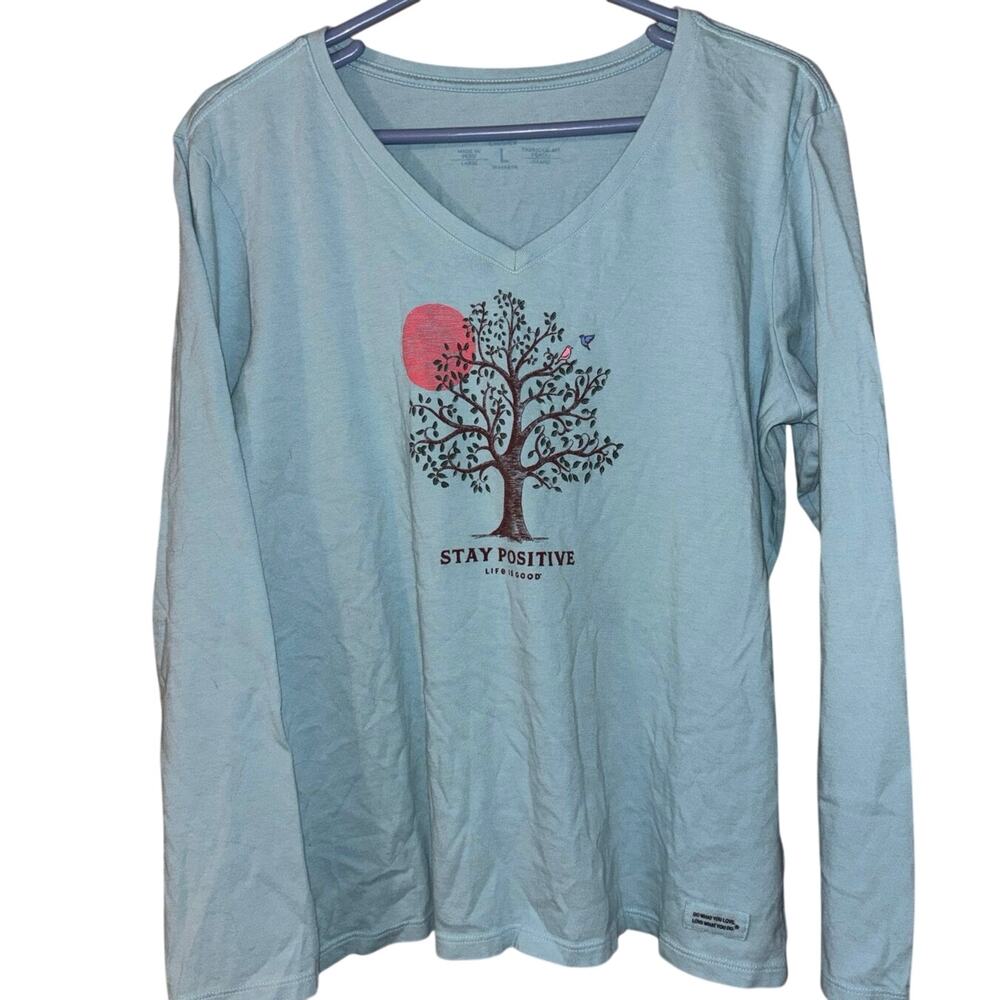 Life is Good women’s long sleeve crusher tee t-shirt blue tree stay positive (L)
